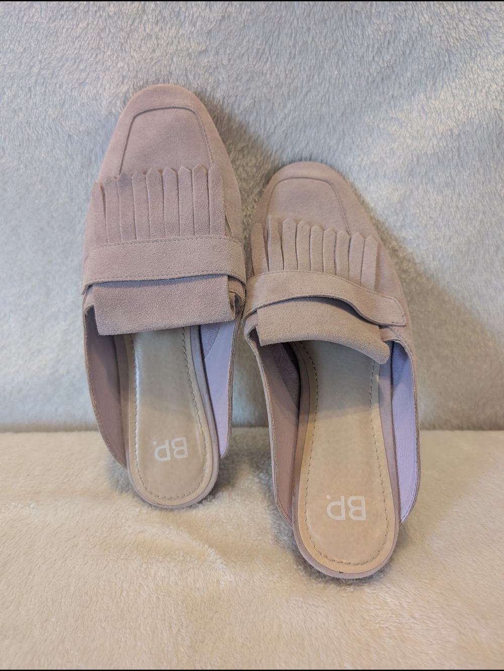 bp Blush Suede Fringe Backless Loafers